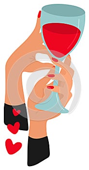 Woman's hands with glass of red wine. Love wine. Vector isolated illustration