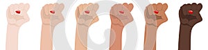 Woman`s hands with her fist raised up. Symbol of Unity, Revolution, Protest, Cooperation and Solidarity. Race Equality. Vector.