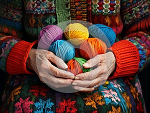 woman\'s hands holding balls of woolen threads for knitting