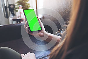 Woman`s hands holding black mobile phone with blank green desktop screen in cafe