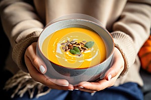 Woman\'s hands holding a bowl of pumpkin soup