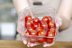 Woman's hands holding a box of cherry tomatoes close-up. Preparing cherry tomatoes for salad or side dish.