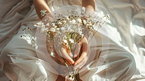 Woman s hands holding delicate flowers on white sheet in morning sunlight with gentle haze