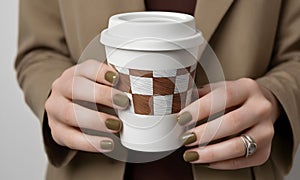 Woman's hands holding a paper coffee cup with a geometric pattern close up.AI Illustration.