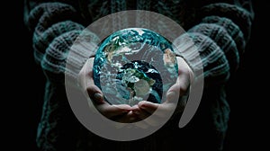 Woman& x27;s hands holding planet earth globe. Environmental ecology issues, save the world concept. AI Generated