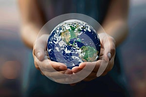 Woman& x27;s hands holding planet earth globe. Environmental ecology issues, save the world concept. AI Generated