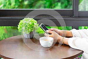 Woman`s hands holding smartphone