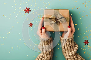 Woman s hands holding stylish gift box on blue background with confetti for festive occasions