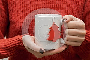 Woman& x27;s hands holding white cup mug of coffee,tea.female in red warm sweater.Christmas New Year