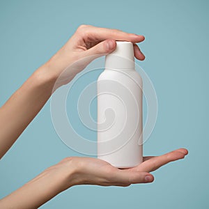 A woman's hands holds a white bottle of shampoo. Template blank copyspace.