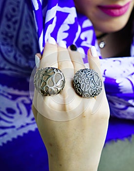 Woman`s hands with jewelry rings.close-up beauty and fashion portrait.