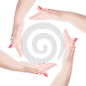 Woman's hands made circle on white background