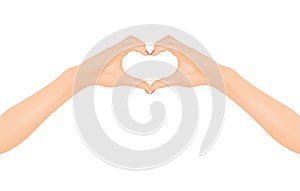 Woman`s hands make heart shape. In love concept. Isolated vector illustration.