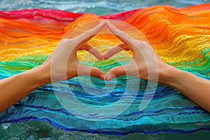 A woman& x27;s hands making a heart shape with a rainbow colored fabric