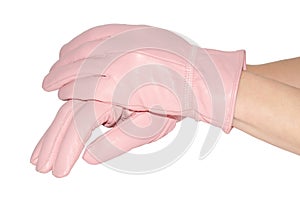 Woman's hands in pink leather gloves