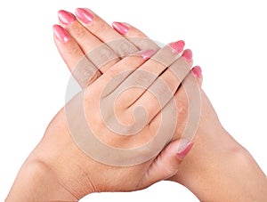 Woman& x27;s hands with pink nails manicure Isolated on white background.