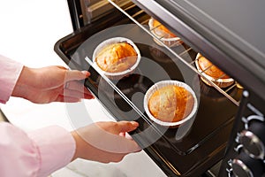 Woman& x27;s hands taking buscuit cupcakes out of mini oven photo