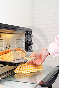 Woman's hands taking fresh bakery out of mini oven close up