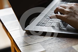 Woman`s hands typing on laptop keyboard. Study and work online, freelance. Self employed or freelance woman, girl