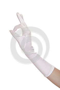 Woman`s hands in white gloves. isolated on white background gesture okay