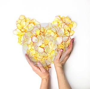 Woman`s hands with yellow heart from petal rose