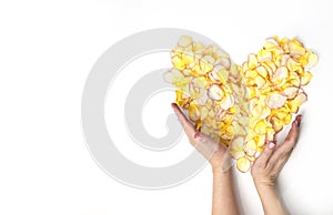 Woman`s hands with yellow heart from petal rose