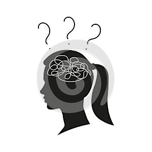 Woman`s head with confused thoughts in her brain. Thinking person with questions. Female face silhouette with convoluted mind.