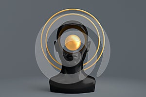 A woman`s head with Golden circles around it depicting an aura. Concept art on the topic of religion. 3D illustration photo