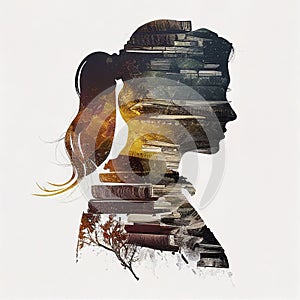 A woman\'s head and a set of books in a double exposure. The concept of development, learning and knowledge. Ai generative