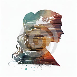 A woman\'s head and a set of books in a double exposure. The concept of development, learning and knowledge. Ai generative