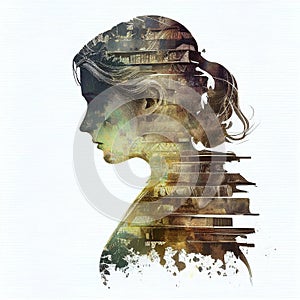 A woman\'s head and a set of books in a double exposure. The concept of development, learning and knowledge. Ai generative