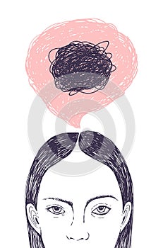 Woman s head, thought bubble and scribbles inside it hand drawn with contour lines on white background. Concept of inner