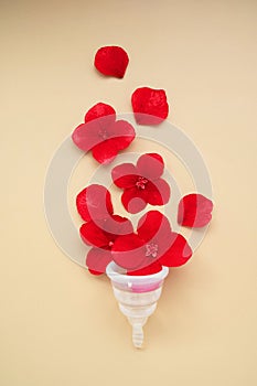 Woman's health concept. Menstrual clear cup with red flowers. Top view