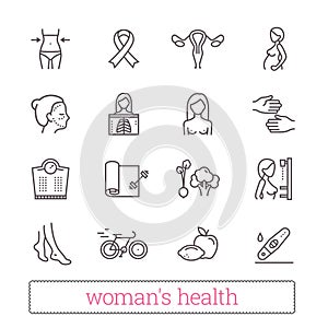 Woman`s health thin line icons. Medicine, women beauty, active lifestyle, healthy diet, breast cancer awareness symbols.