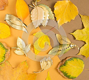 Woman`s Jewelry. Vintage jewelry autumn background. Beautiful gold brooches on yellow background. Flat lay, top view