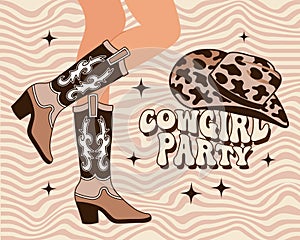 Woman's legs in cowboy boots with an ornament and a cowboy hat. Brown Western Cowgirl style boots and Cowgirl party text