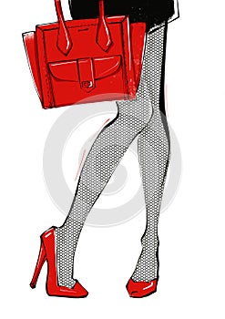 Woman`s legs in high heels and a red bag.