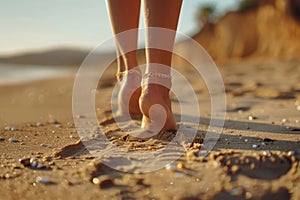 Woman's legs with an metallic golden anklet shimmering in the sunlight on a sandy beach. Generative AI