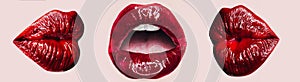 Woman`s lip set kiss. Girl mouth close up with red lipstick makeup expressing different emotions. Mouth with teeth