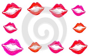 Woman`s lip set.The lip prints of color different women on a white background,Kiss Lips, Girl Mouth. Makeup pattern with colorful