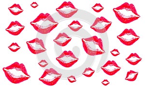 Woman`s lip set.The lip prints of color different women on a white background,Kiss Lips, Girl Mouth. Makeup pattern with colorful