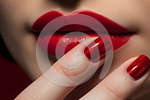 Woman\'s lips with bright red lipstick and hand with elegant red painted nails