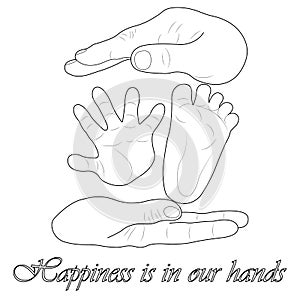 A woman`s and a man`s hand hold the baby`s leg and hand. The concept of happiness is in our hands. For family design decoration