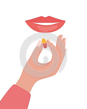 Woman`s mouth and hand with a pill. Woman taking a pill. Girl holds a pill in her hand and intends to take it. Medication