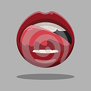 Woman's mouth to express delicious state. Mouth open with red lips, tongue and teeth.