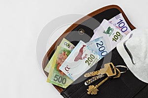 Woman`s open wallet with money sticking out of it, keys and mouth mask.