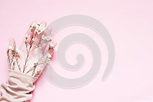 A woman`s palm with a flower on a pink background.