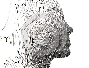 A Woman's profile merged with graphical abstract pattern in paintography