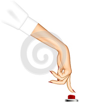 Woman\'s and push with a index finger a red button isolated on white
