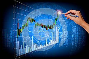 A woman's right hand poked a pen on a 3D fast-growing stock chart.